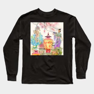 Chinoiserie landscape with seahorse watercolor painting Long Sleeve T-Shirt